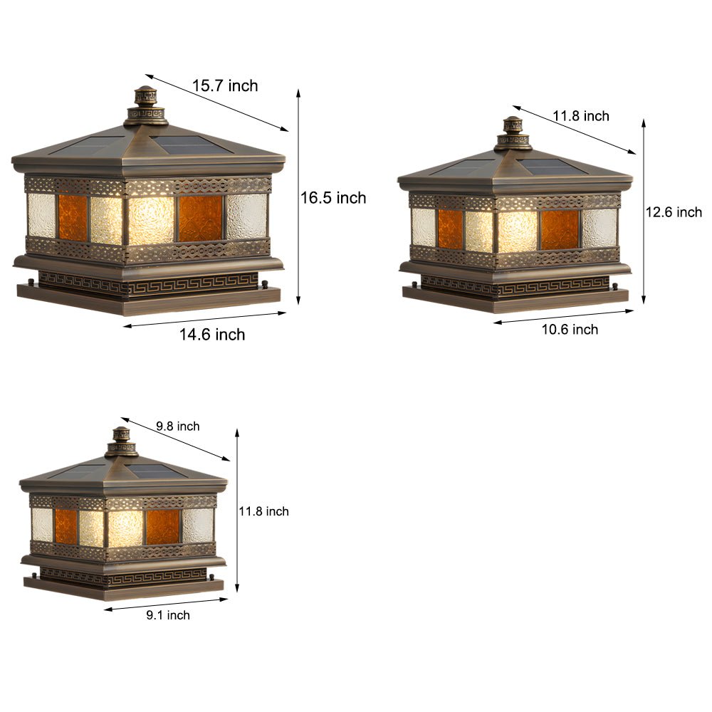 Square Outdoor Pillar Light — Copper with Glass Shade, Bronze Finish, Hardwired / Solar, E27, 3000K
