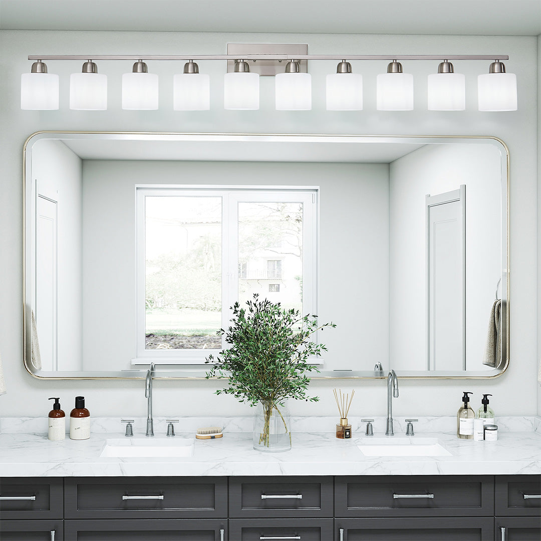 Minimalist Bathroom Vanity Light — Creamy White Glass, Metal Frame, E26, 4/5/6/8/10-Light, Matte Black / Sand Nickel / Copper