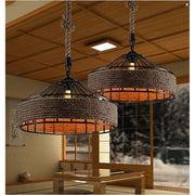 Circular Farmhouse Pendant Chandelier — Iron with Hemp Rope Wrap, E26/E27, 15" Diameter, Adjustable 39" Cord