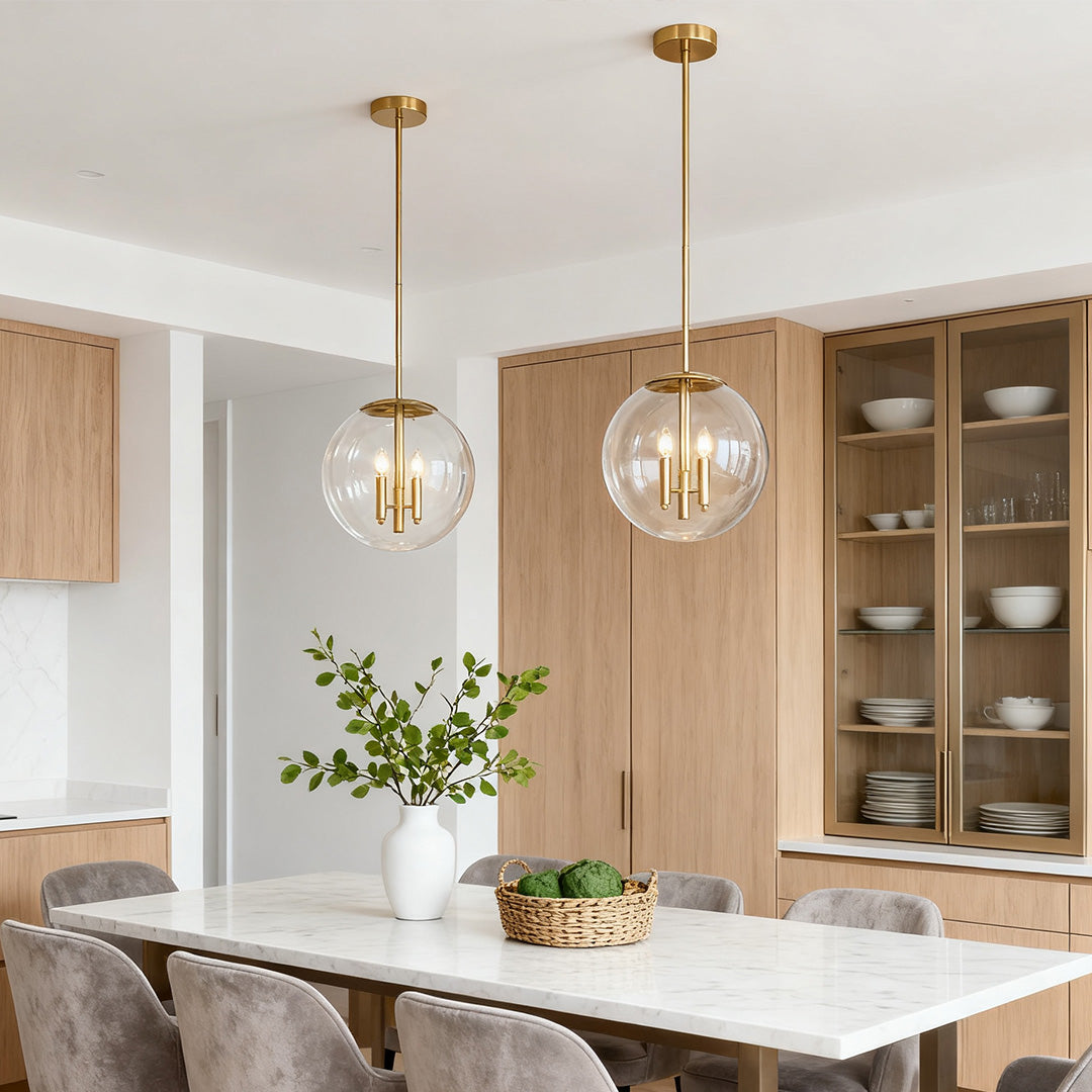 Clear Globe Pendant Light — Gold Metal Frame, Transparent Glass, E12, 2-Light, Adjustable to 52.76"