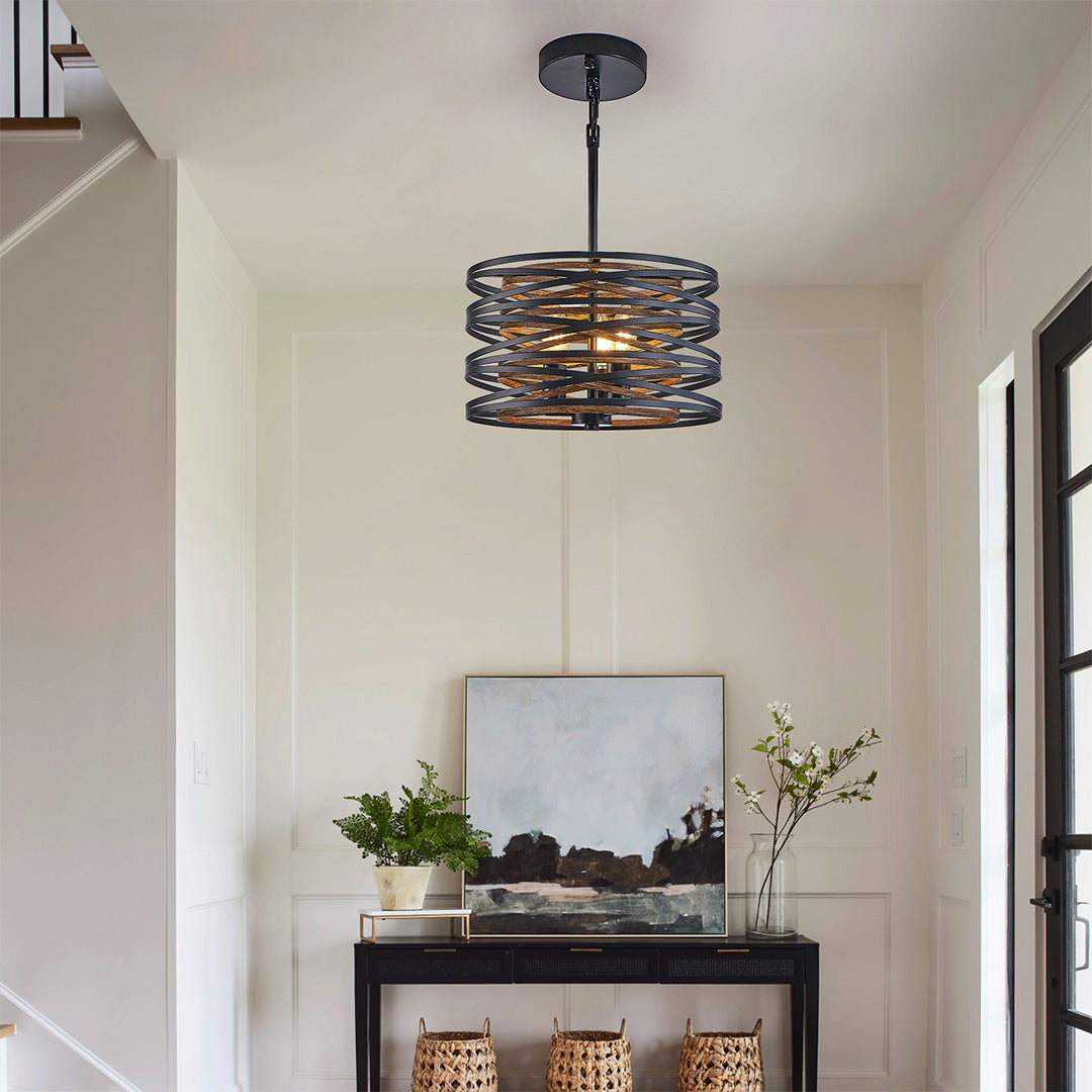 Round Drum Pendant Light — Black Iron, Walnut Wood Texture, Iron Cage, E12, 12.6" / 19.7" / 23.6"