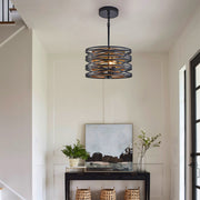 Round Drum Pendant Light — Black Iron, Walnut Wood Texture, Iron Cage, E12, 12.6" / 19.7" / 23.6"