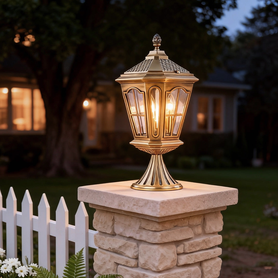 Octagonal Palace Lantern Exterior Pillar Light — Solid Copper, Clear Glass, IP55, E14, 22.4"