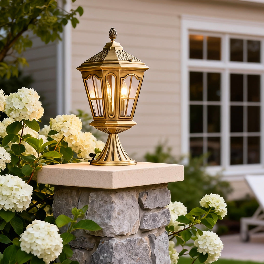 Octagonal Palace Lantern Exterior Pillar Light — Solid Copper, Clear Glass, IP55, E14, 22.4"