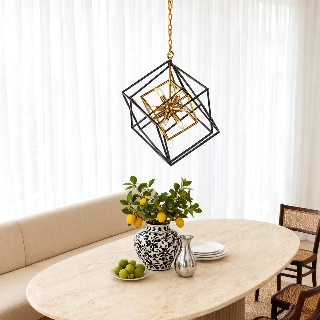 Industrial Square Pendant Light — Black and Gold Iron, Acrylic Shade, E12, Adjustable Chain, 26"