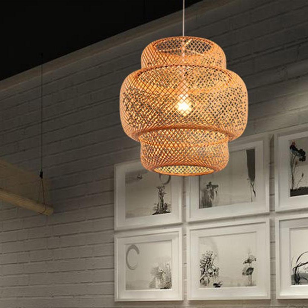 3-Tiered Bamboo Woven Pendant Light — Natural, Single Cylinder, E26, 60W, 15" Diameter, 48" Adjustable Cord