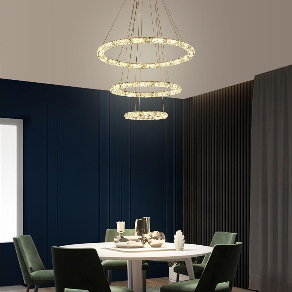 Tiered Crystal Ring Chandelier — Metal & Crystal, LED 3000K, 3-Ring or 4-Ring, 39" Adjustable Cord