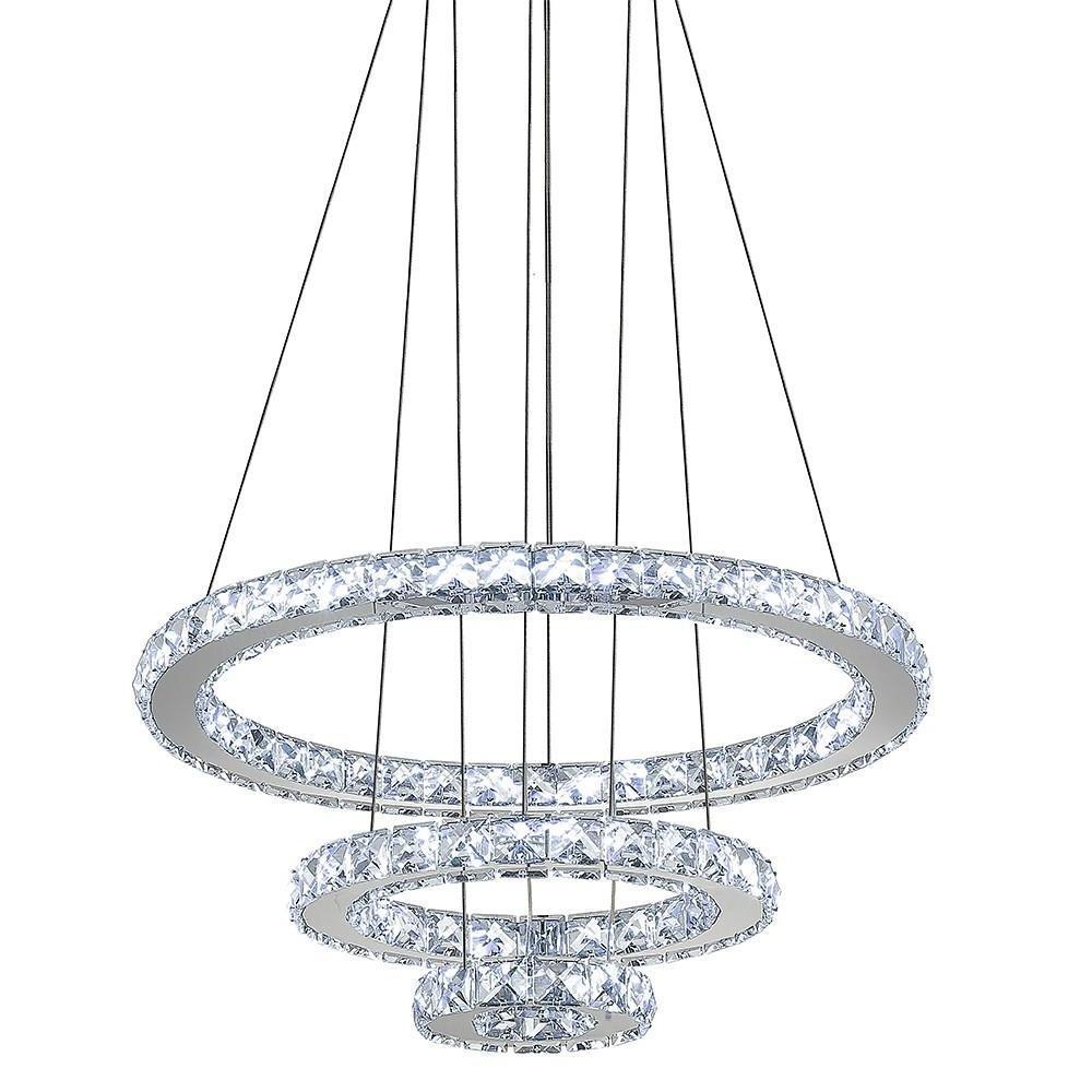 Tiered 3-Ring Crystal Chandelier — Chrome, 40.5W LED, Dimmable, Remote Control, 16" Diameter