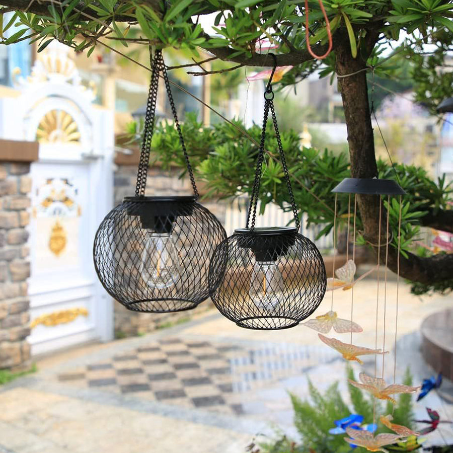 Vintage Solar Hanging Lantern — Black Iron Mesh, Warm White 2700K, Dusk-to-Dawn, Round or Oval