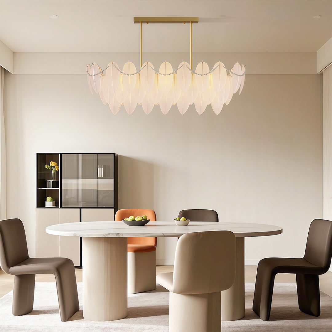 Feather & Pearl Chandelier — Full-Copper Frame, Feather-Textured Glass, E14, 47.2" Adjustable Chain