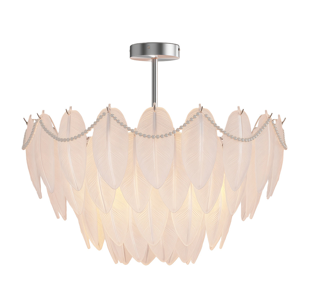 Feather & Pearl Chandelier — Full-Copper Frame, Feather-Textured Glass, E14, 47.2" Adjustable Chain
