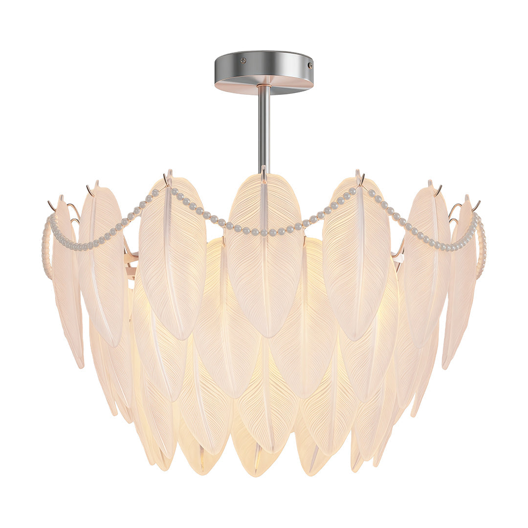 Feather & Pearl Chandelier — Full-Copper Frame, Feather-Textured Glass, E14, 47.2" Adjustable Chain