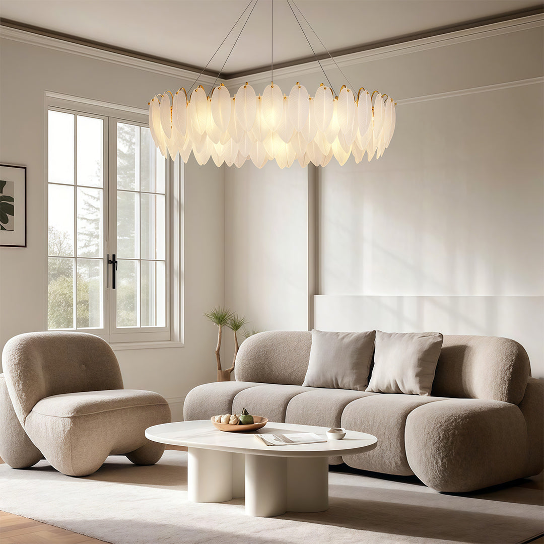 Feather-Glass Modern Chandelier — Copper / Chrome / Black, E14, Adjustable 47.2" Chain, Round or Linear