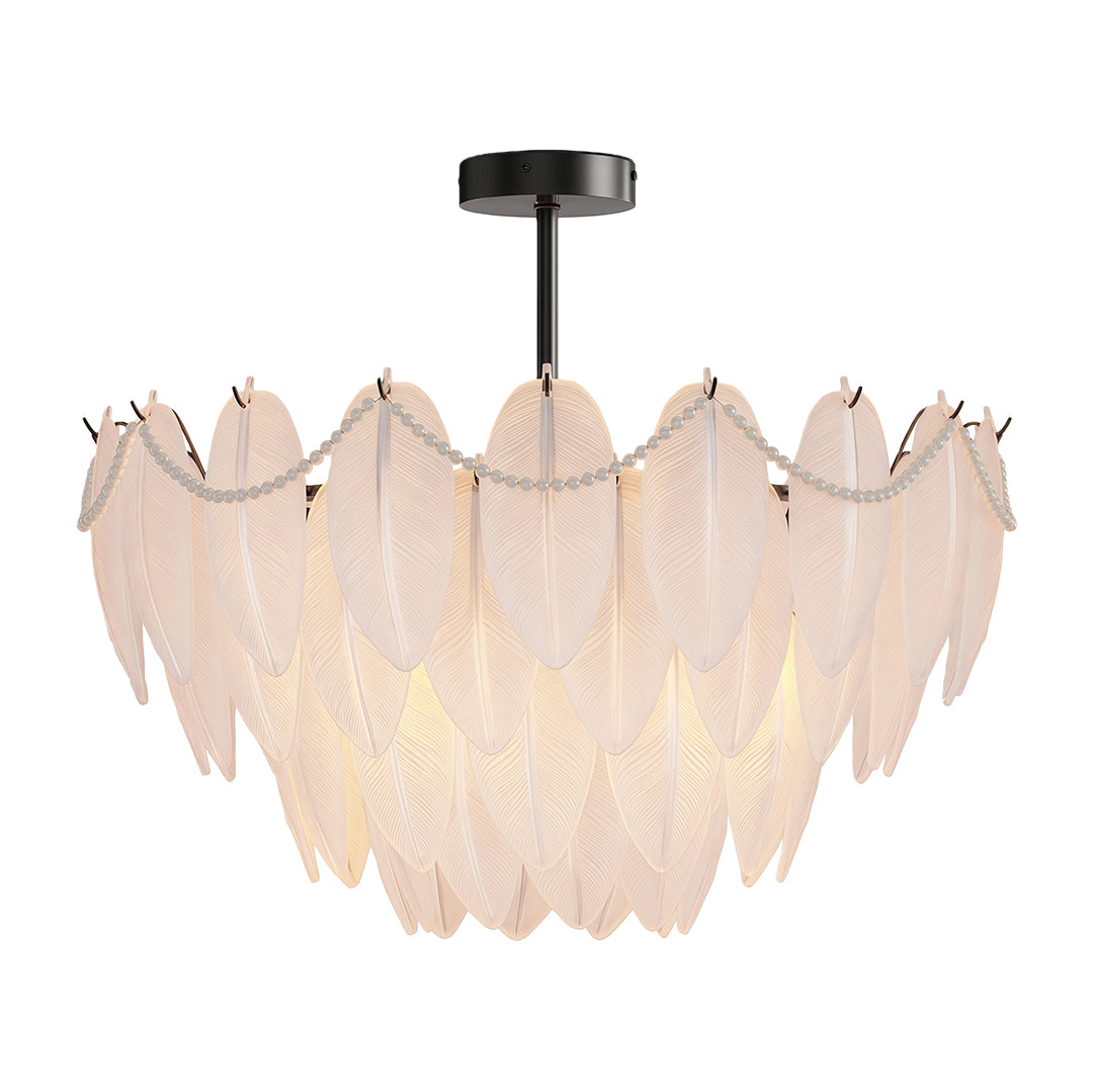 Feather & Pearl Chandelier — Full-Copper Frame, Feather-Textured Glass, E14, 47.2" Adjustable Chain