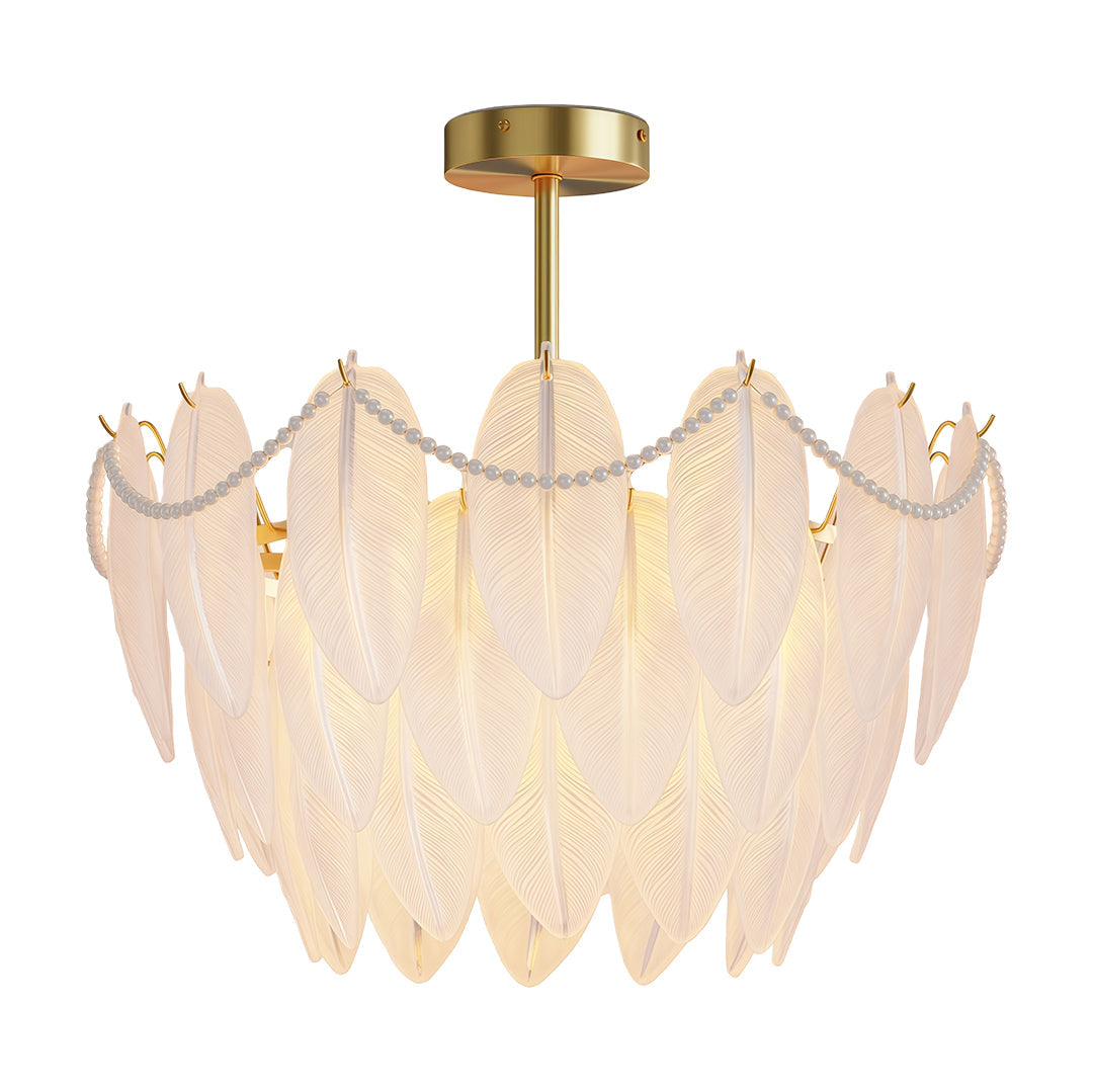 Feather & Pearl Chandelier — Full-Copper Frame, Feather-Textured Glass, E14, 47.2" Adjustable Chain