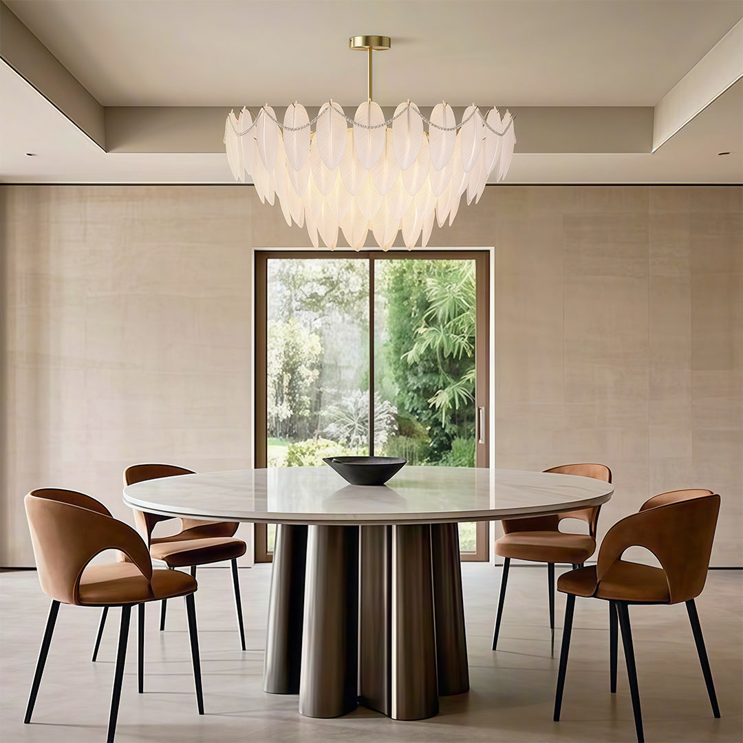 Feather & Pearl Chandelier — Full-Copper Frame, Feather-Textured Glass, E14, 47.2" Adjustable Chain