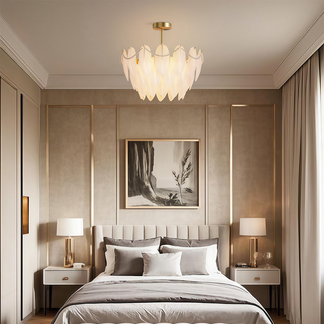 Feather & Pearl Chandelier — Full-Copper Frame, Feather-Textured Glass, E14, 47.2" Adjustable Chain