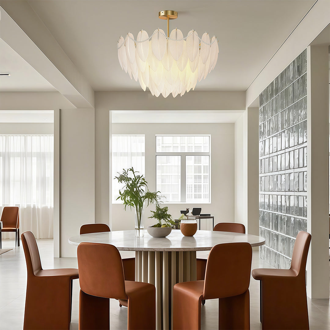 Feather & Pearl Chandelier — Full-Copper Frame, Feather-Textured Glass, E14, 47.2" Adjustable Chain
