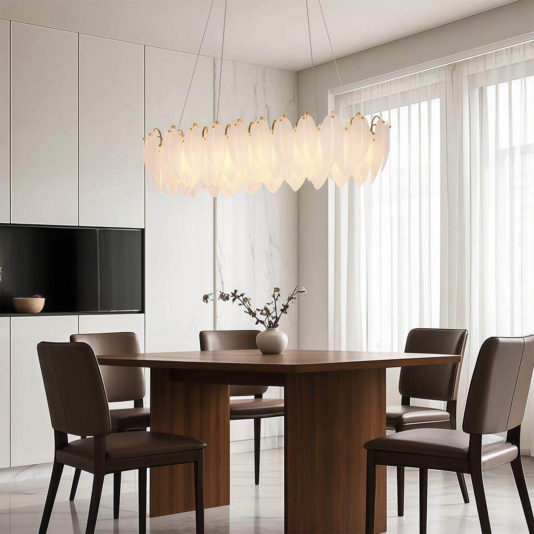 Feather-Glass Modern Chandelier — Copper / Chrome / Black, E14, Adjustable 47.2" Chain, Round or Linear