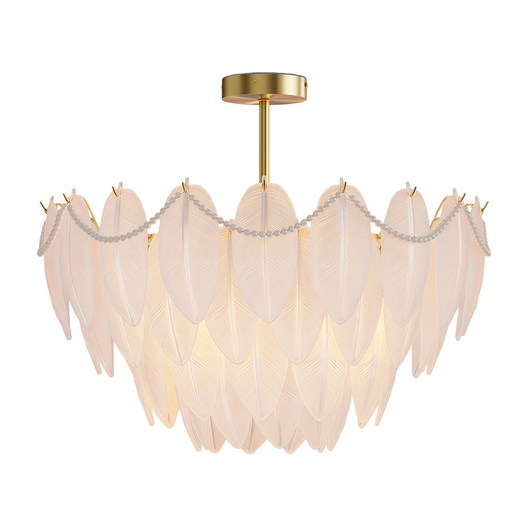 Feather & Pearl Chandelier — Full-Copper Frame, Feather-Textured Glass, E14, 47.2" Adjustable Chain