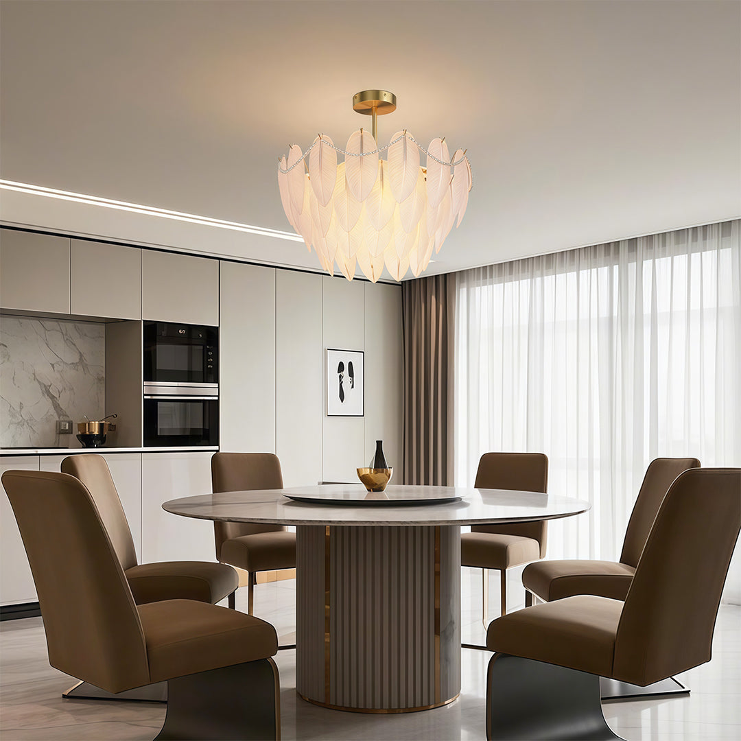 Feather & Pearl Chandelier — Full-Copper Frame, Feather-Textured Glass, E14, 47.2" Adjustable Chain