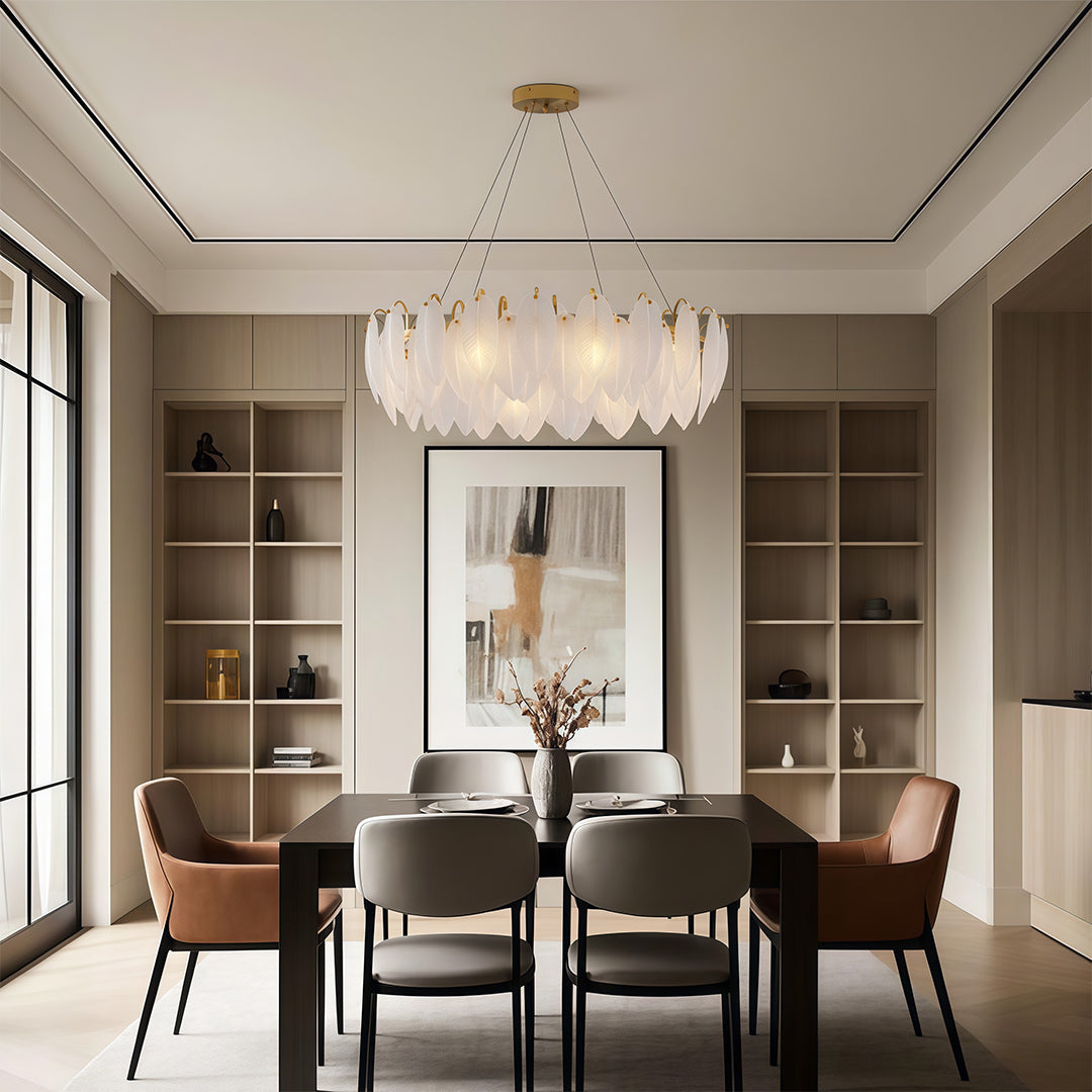 Feather-Glass Modern Chandelier — Copper / Chrome / Black, E14, Adjustable 47.2" Chain, Round or Linear