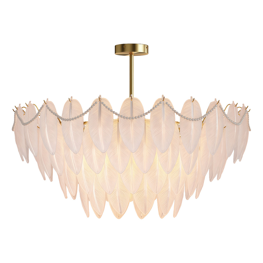 Feather & Pearl Chandelier — Full-Copper Frame, Feather-Textured Glass, E14, 47.2" Adjustable Chain