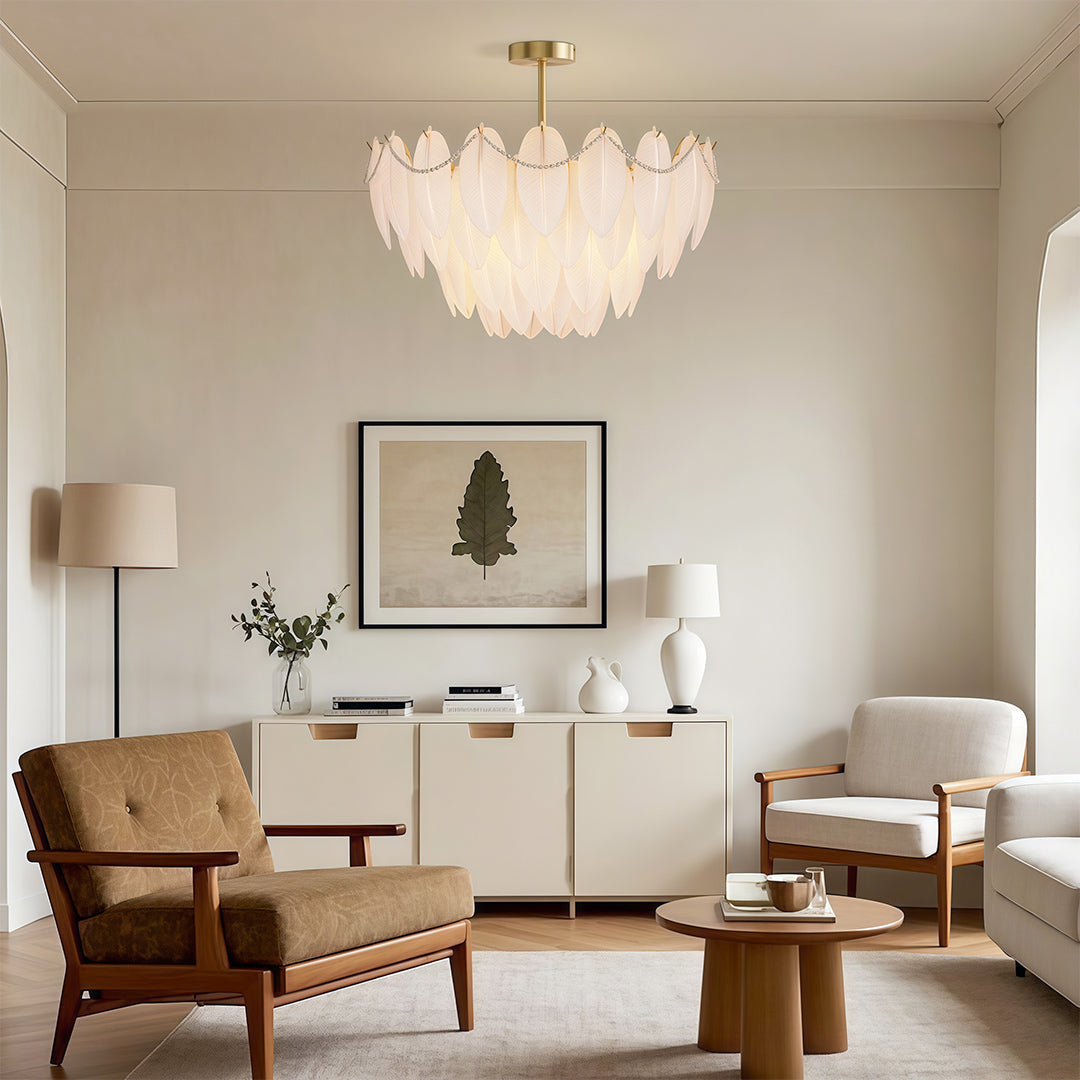Feather & Pearl Chandelier — Full-Copper Frame, Feather-Textured Glass, E14, 47.2" Adjustable Chain