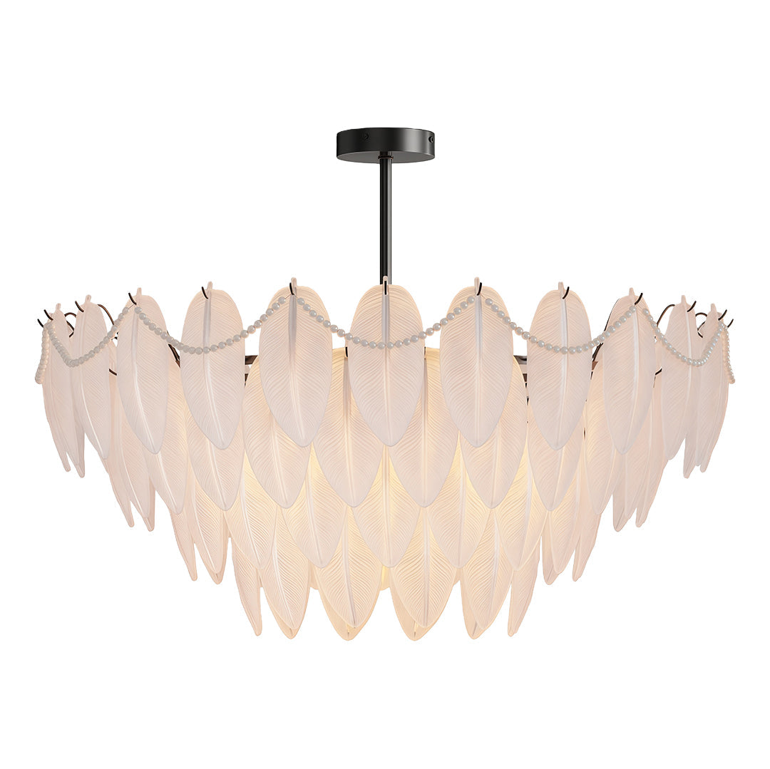 Feather & Pearl Chandelier — Full-Copper Frame, Feather-Textured Glass, E14, 47.2" Adjustable Chain
