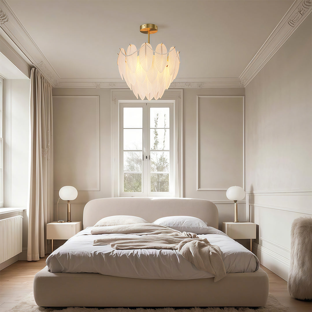 Feather & Pearl Chandelier — Full-Copper Frame, Feather-Textured Glass, E14, 47.2" Adjustable Chain