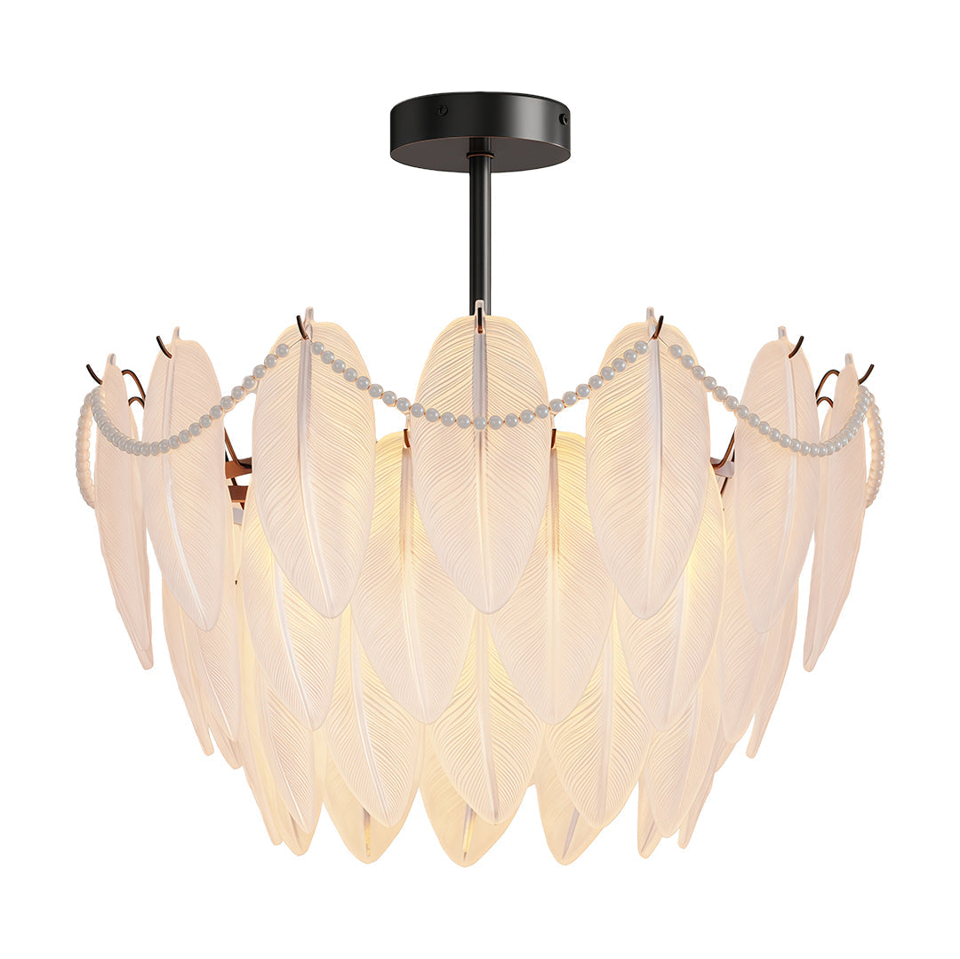 Feather & Pearl Chandelier — Full-Copper Frame, Feather-Textured Glass, E14, 47.2" Adjustable Chain