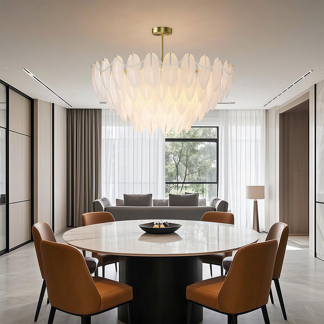 Feather & Pearl Chandelier — Full-Copper Frame, Feather-Textured Glass, E14, 47.2" Adjustable Chain