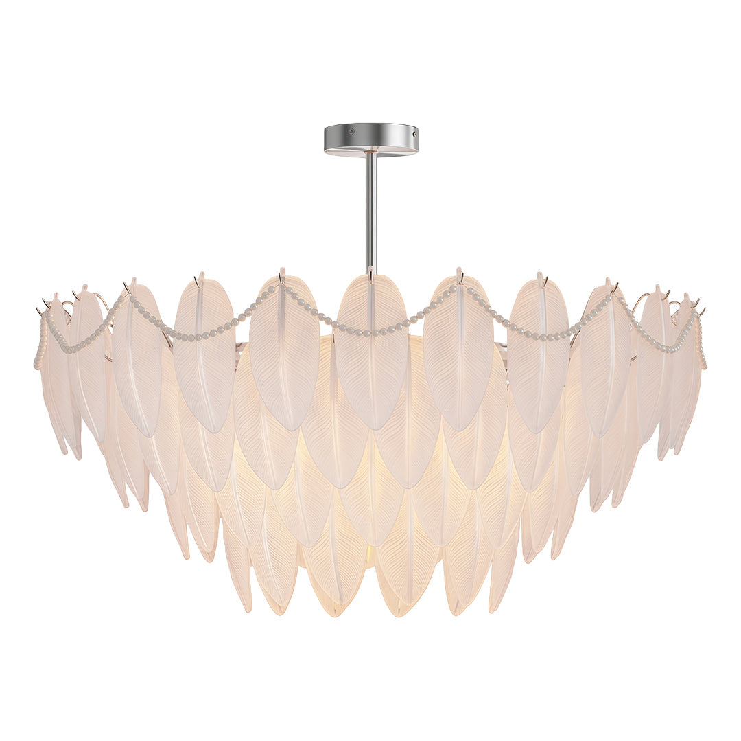 Feather & Pearl Chandelier — Full-Copper Frame, Feather-Textured Glass, E14, 47.2" Adjustable Chain