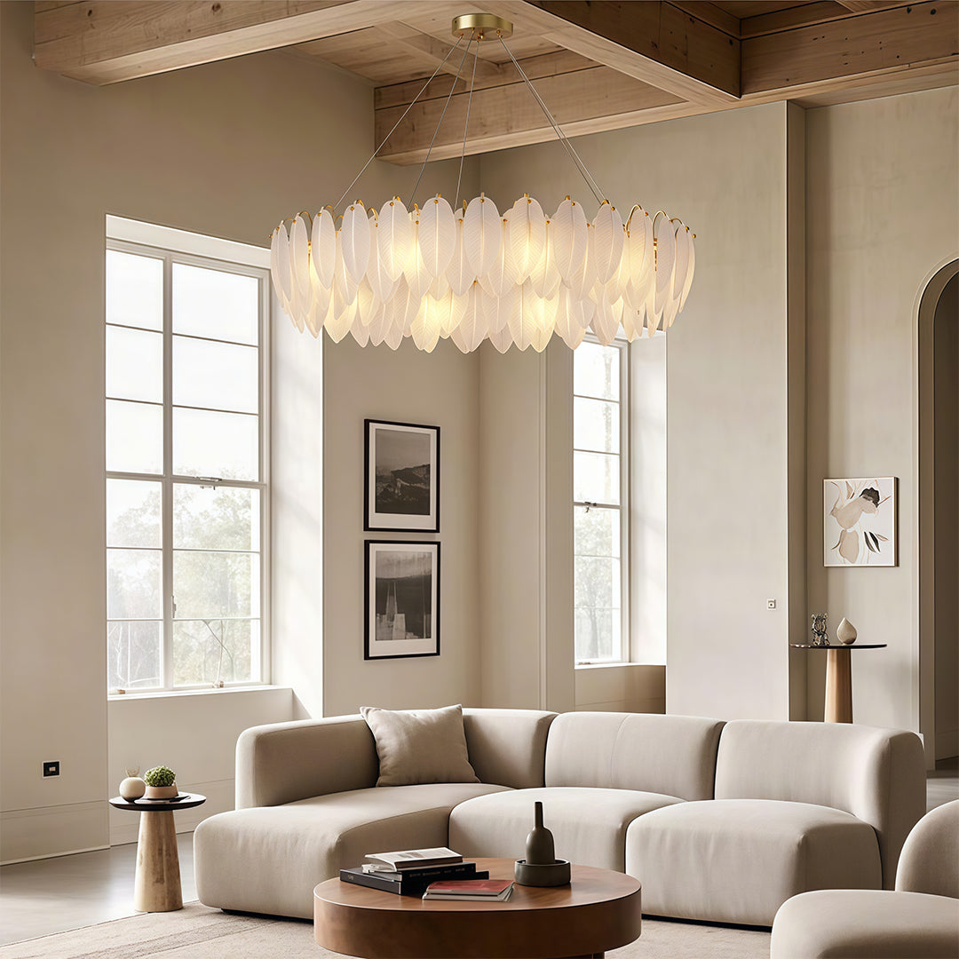 Feather-Glass Modern Chandelier — Copper / Chrome / Black, E14, Adjustable 47.2" Chain, Round or Linear