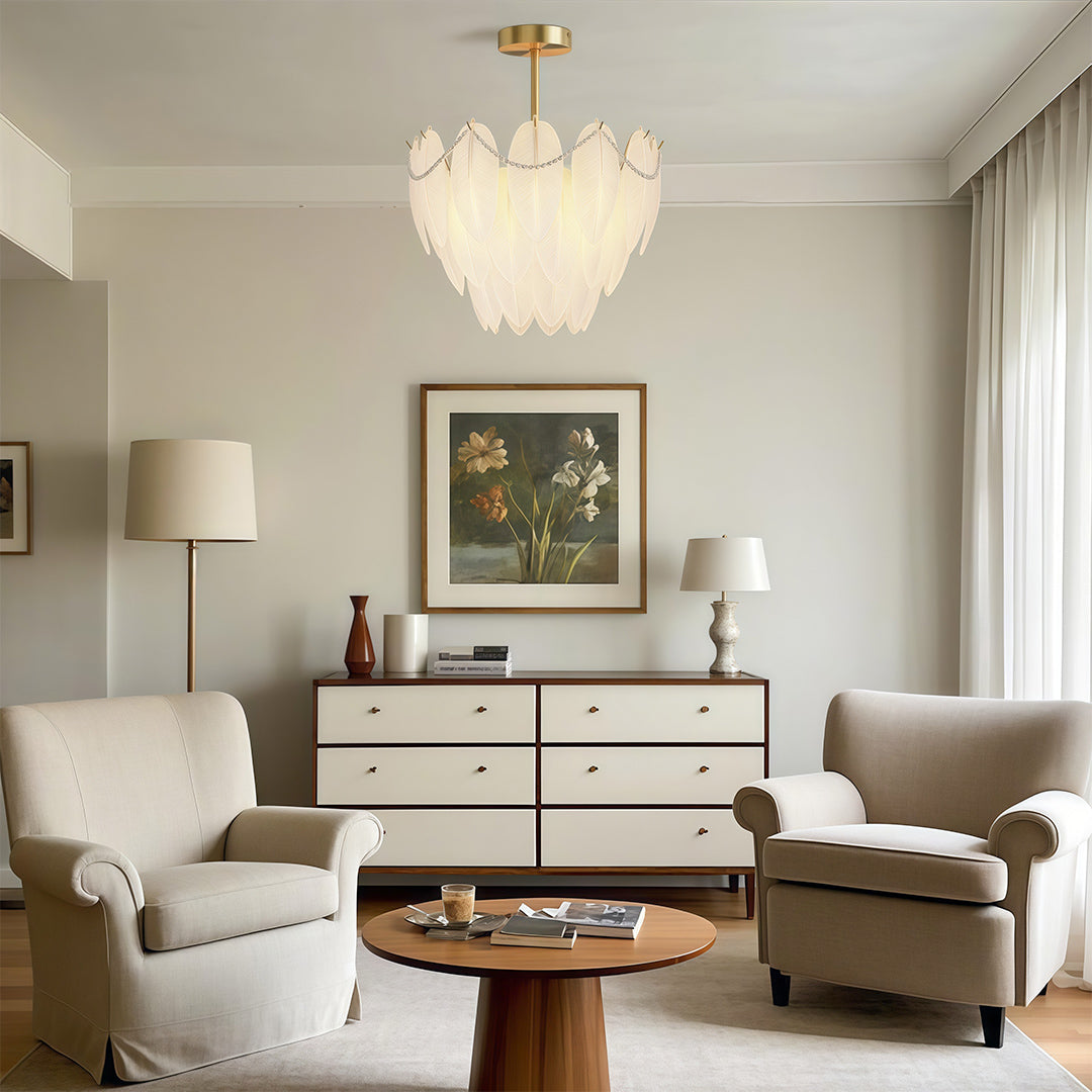 Feather & Pearl Chandelier — Full-Copper Frame, Feather-Textured Glass, E14, 47.2" Adjustable Chain