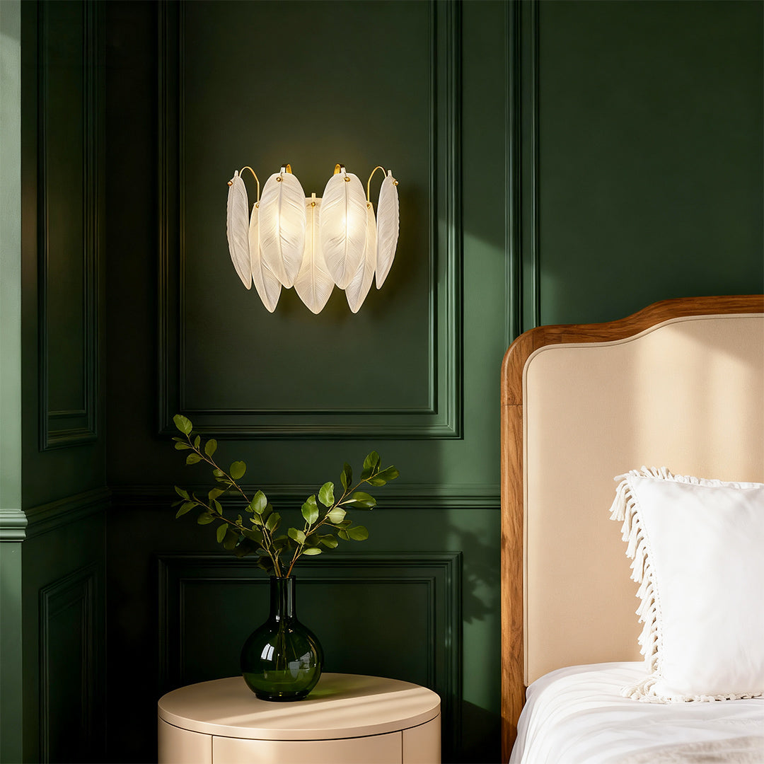 Feather Wall Sconce — Full Copper Frame, Feather-Textured Glass, Dual-Head, G9