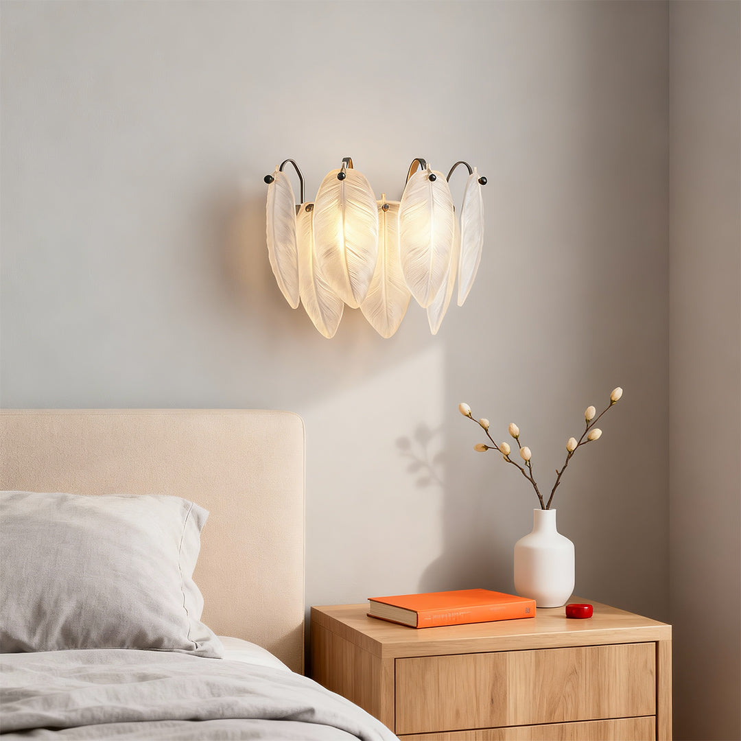 Feather Wall Sconce — Full Copper Frame, Feather-Textured Glass, Dual-Head, G9