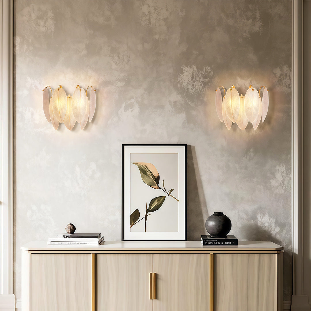 Feather Wall Sconce — Full Copper Frame, Feather-Textured Glass, Dual-Head, G9