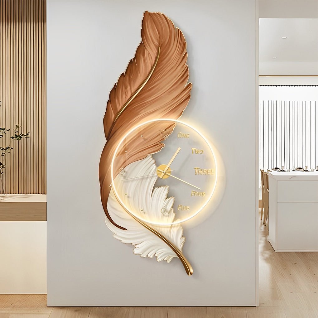 Round Wall Clock and Lamp with Feathers Painting, Acrylic Design, USB DC5V, and Remote Control