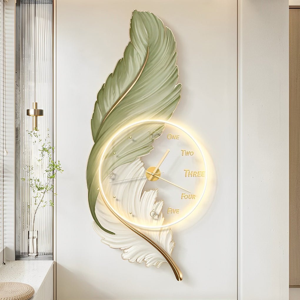 Round Wall Clock and Lamp with Feathers Painting, Acrylic Design, USB DC5V, and Remote Control