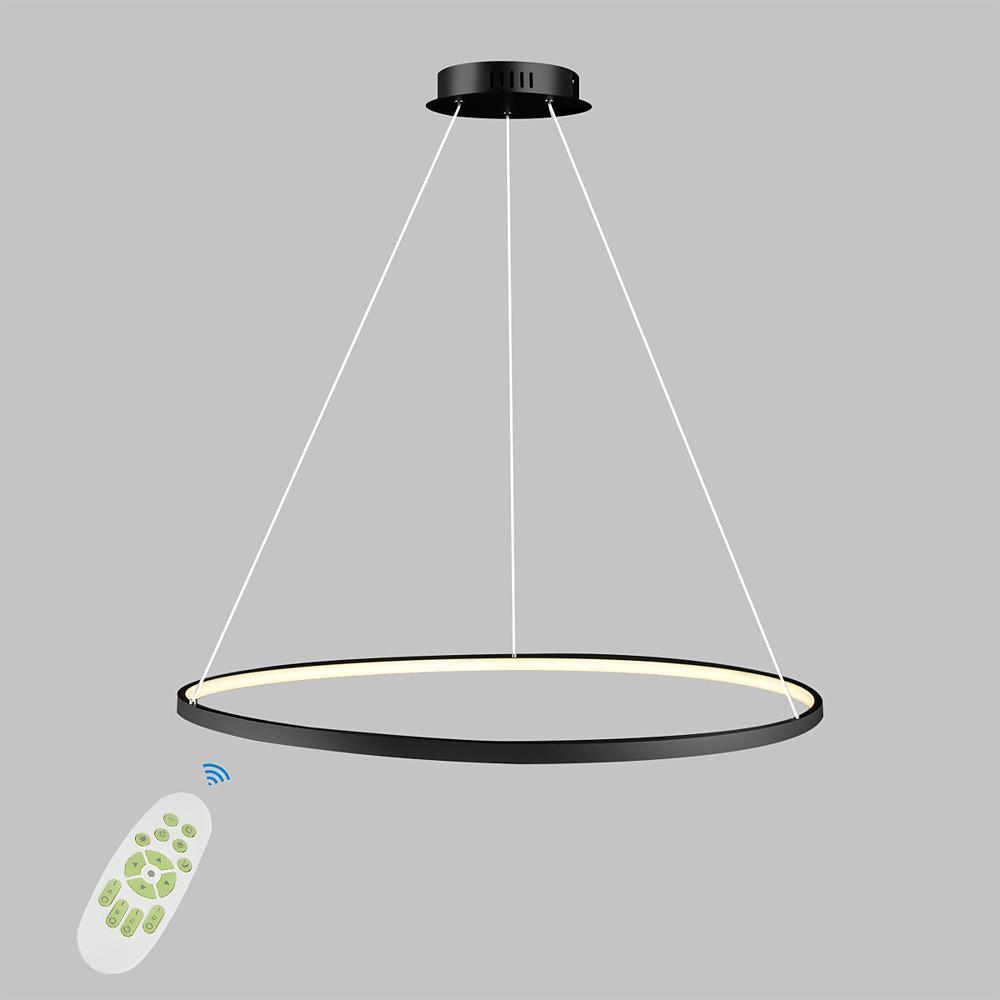 Round Geometric Single-Ring Pendant Chandelier — Black Metal & Acrylic, 30W LED, Dimmable 3000K–6000K, Remote, 31"