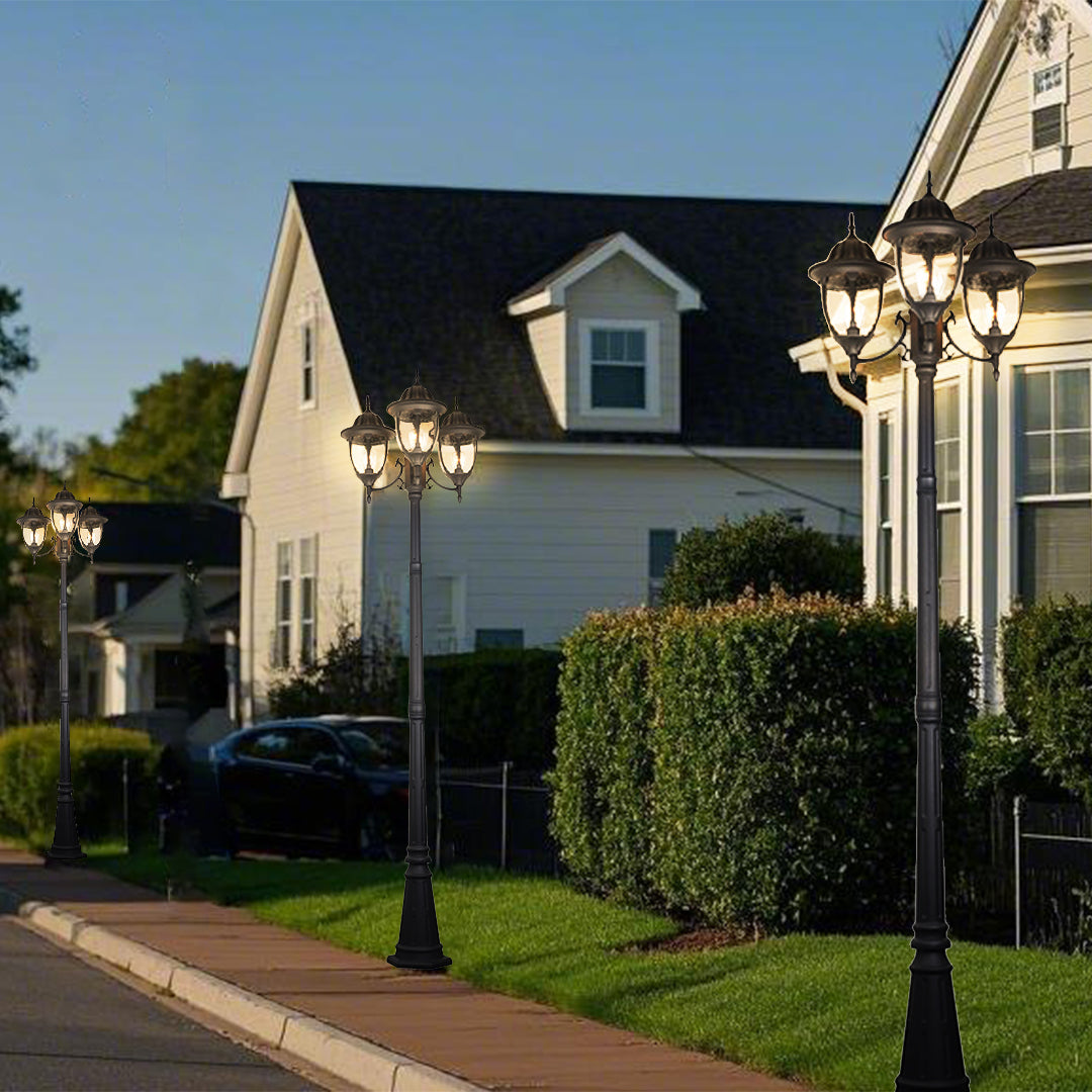 Three-Head Outdoor Post Light — Black Aluminum, 7W LED, IP54, 90.55" Height, E27, 3000K