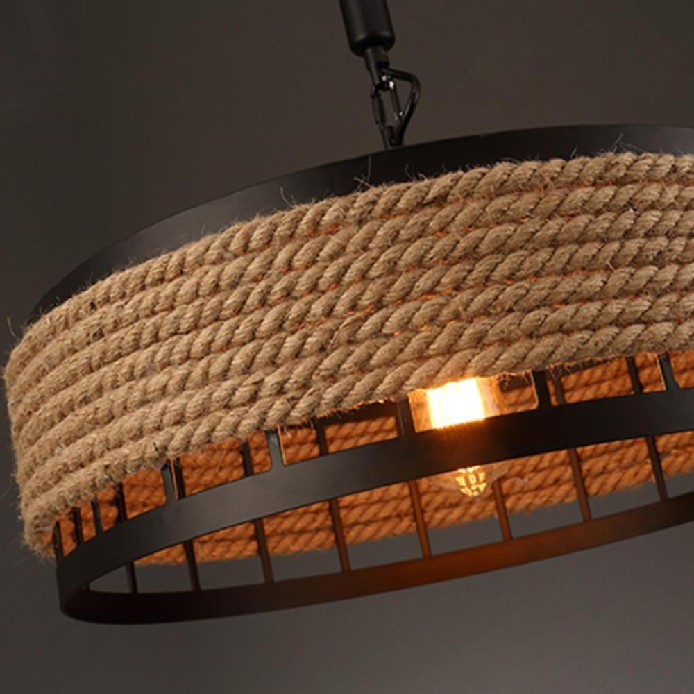 Circular Farmhouse Pendant Chandelier — Iron with Hemp Rope Wrap, E26/E27, 15" Diameter, Adjustable 39" Cord