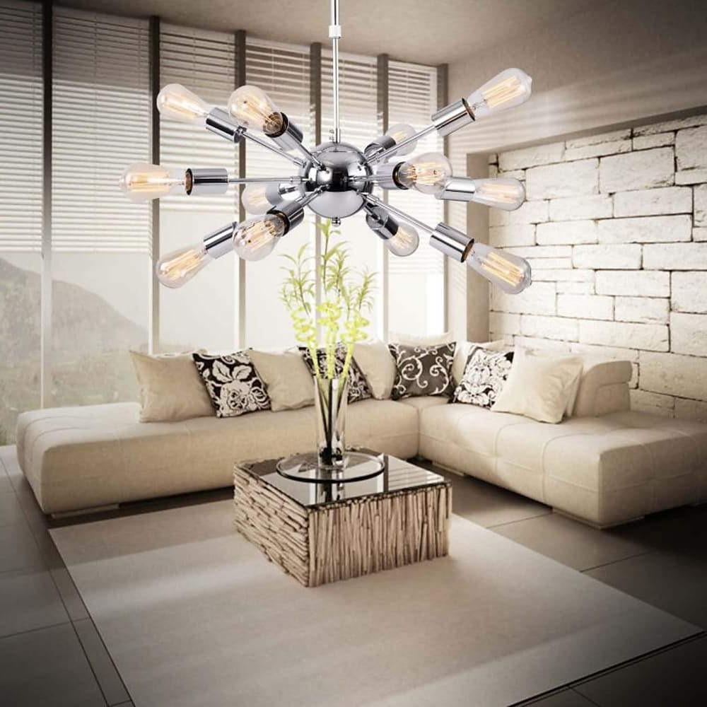 Sputnik Chandelier — Metal, Chrome or Black, 12-Light, 60W, 28" Adjustable Cord, Dining Room / Kitchen