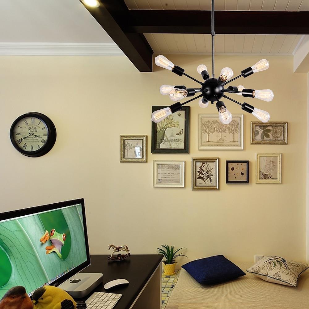Sputnik Chandelier — Metal, Chrome or Black, 12-Light, 60W, 28" Adjustable Cord, Dining Room / Kitchen