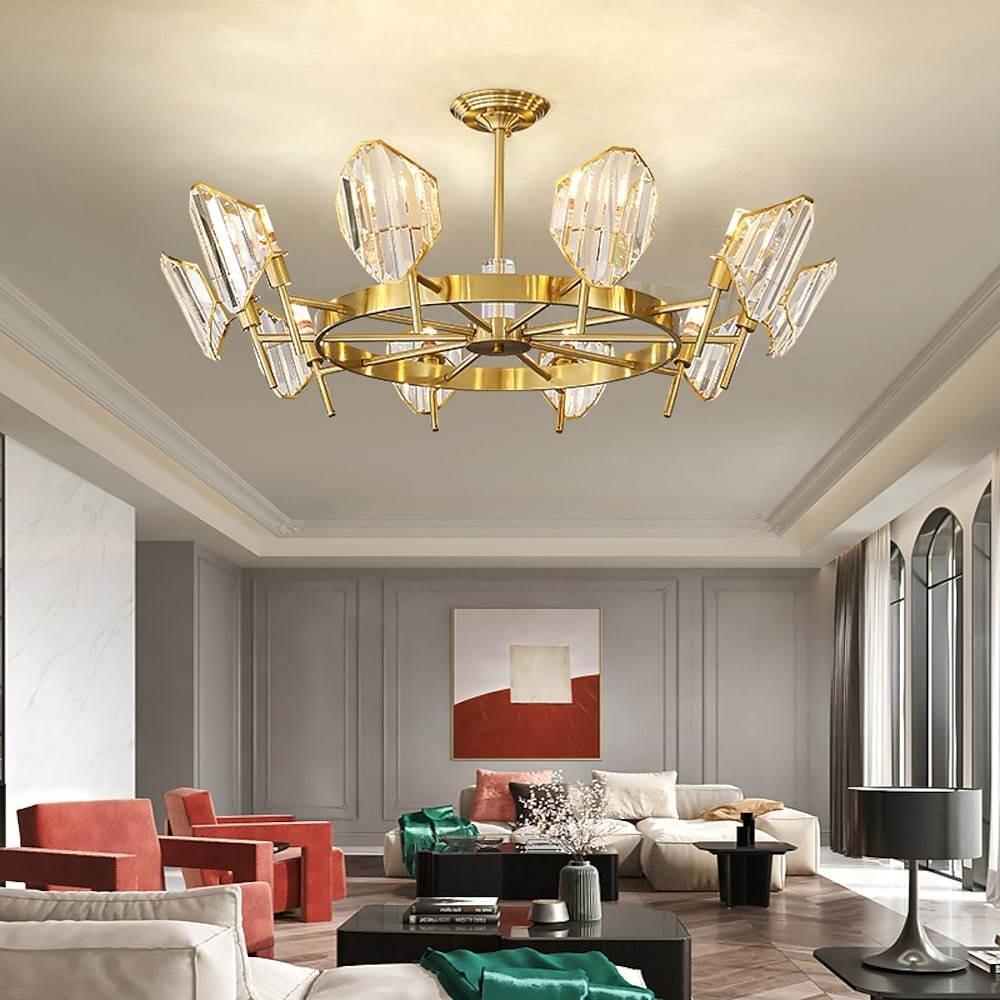 Brass Ring Frame Crystal Chandelier — Gold Electroplated, Metal Arc Branches, 5- to 12-Light