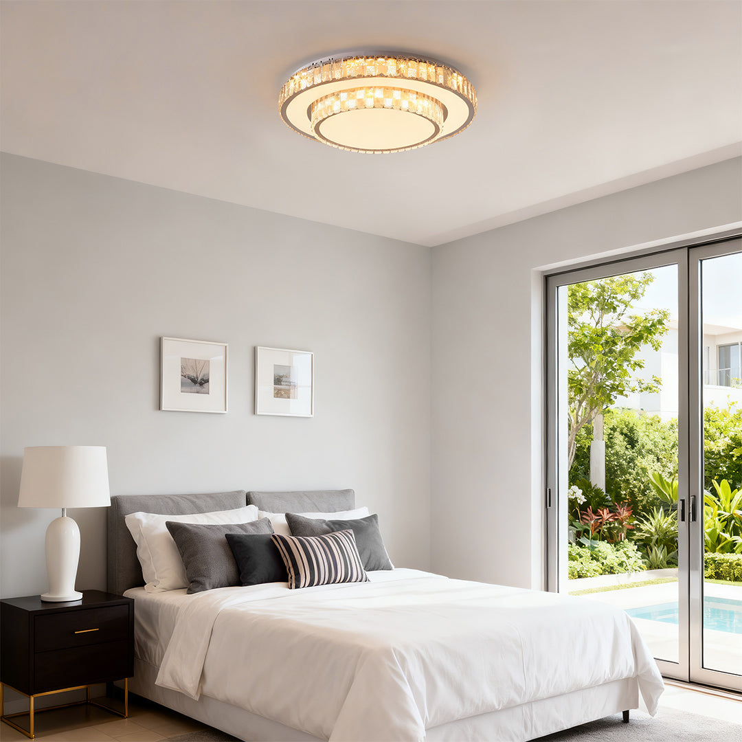Minimalist Crystal Flush-Mount LED — Chrome Steel, Round/Square/Rectangle, 3-Color Dimming (3000K/4500K/6000K)