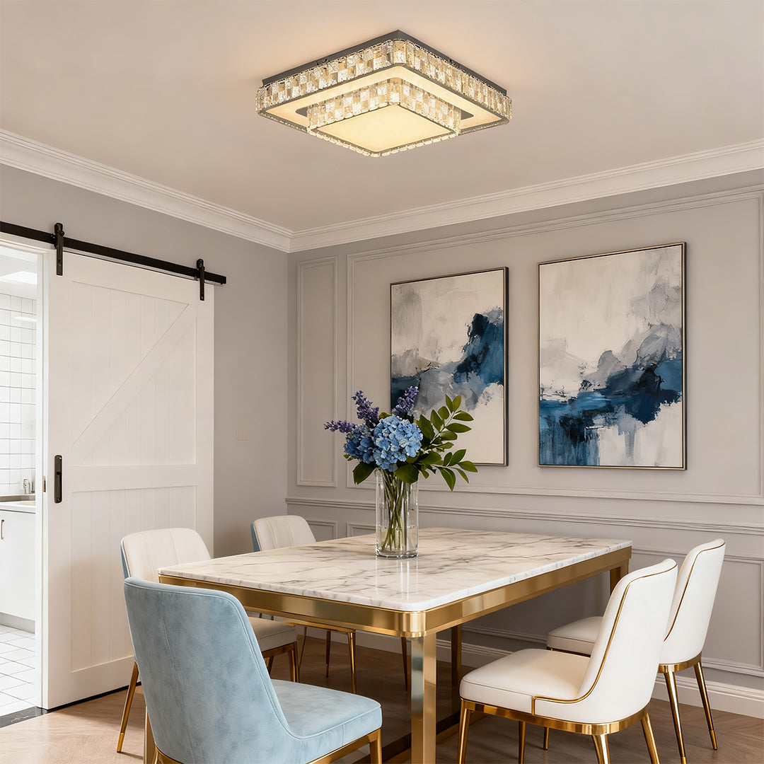 Minimalist Crystal Flush-Mount LED — Chrome Steel, Round/Square/Rectangle, 3-Color Dimming (3000K/4500K/6000K)