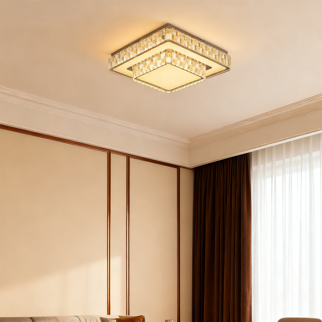 Minimalist Crystal Flush-Mount LED — Chrome Steel, Round/Square/Rectangle, 3-Color Dimming (3000K/4500K/6000K)