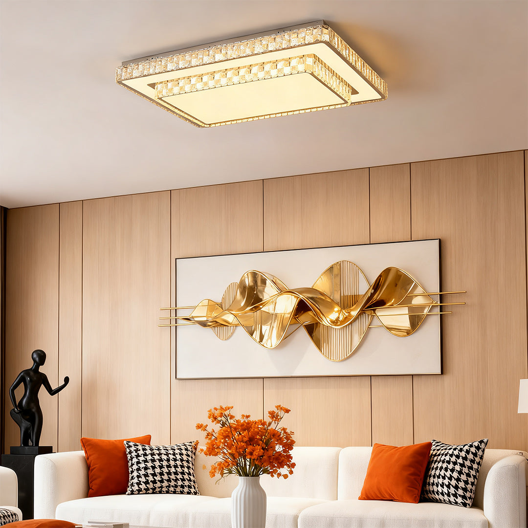 Minimalist Crystal Flush-Mount LED — Chrome Steel, Round/Square/Rectangle, 3-Color Dimming (3000K/4500K/6000K)